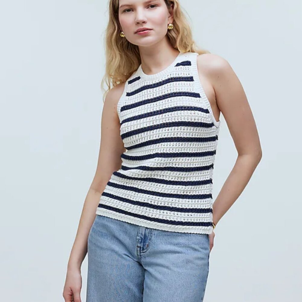 NWT Madewell Crochet Knit Crewneck Sweater Tank Striped Navy Cream S
